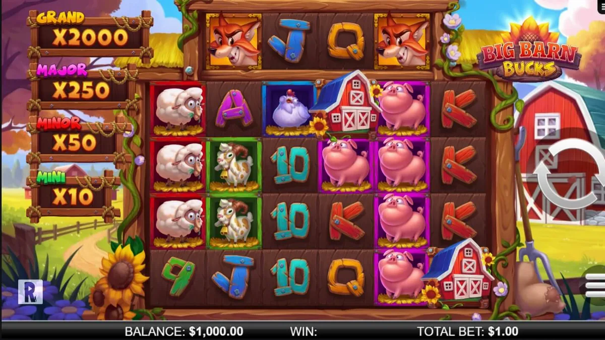 Tampilan visual slot Big Barn Bucks dengan tema peternakan yang ceria