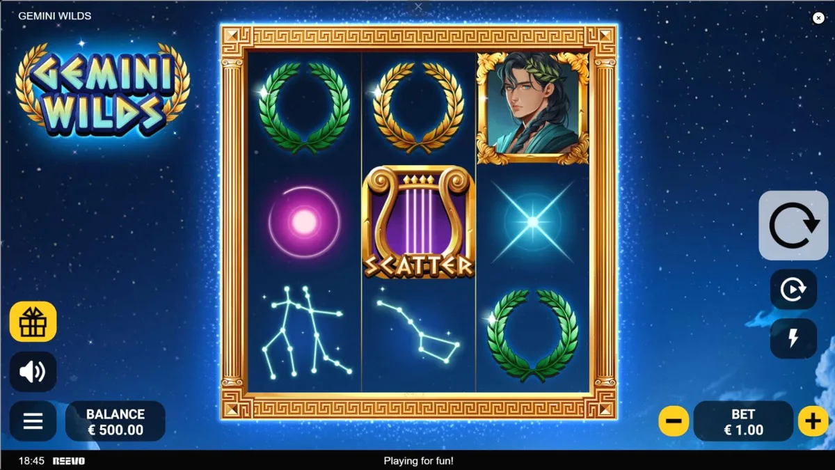 Tampilan visual slot Gemini Wilds dengan tema mitologi Yunani dan simbol celestial.